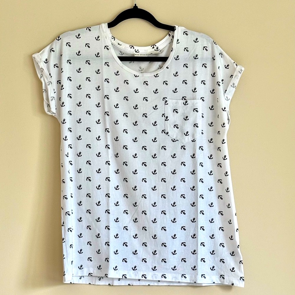 Max Studio Black Anchor Print White Women's Tee Soft Pima Cotton SZ.M